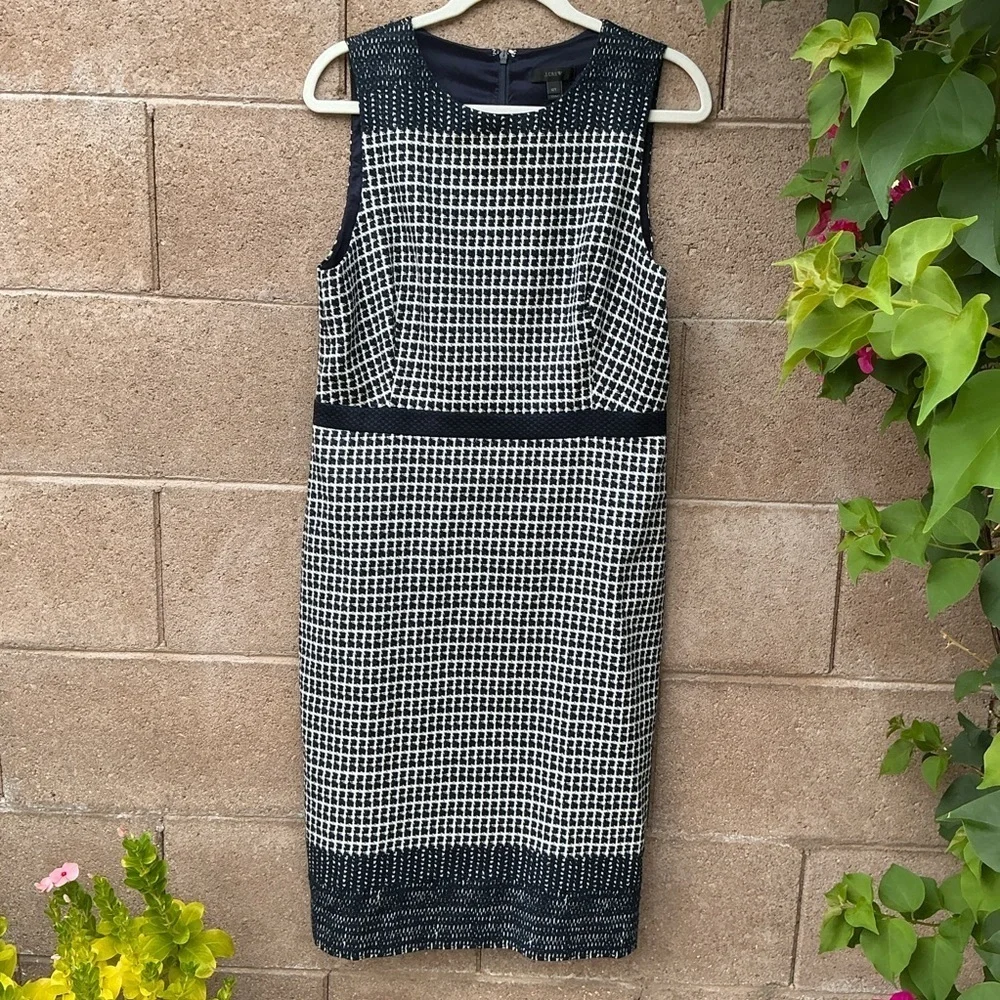 NWOT J. Crew Checkered Tweed Sheath Midi Dress Navy White Size 12T Bodycon Chic